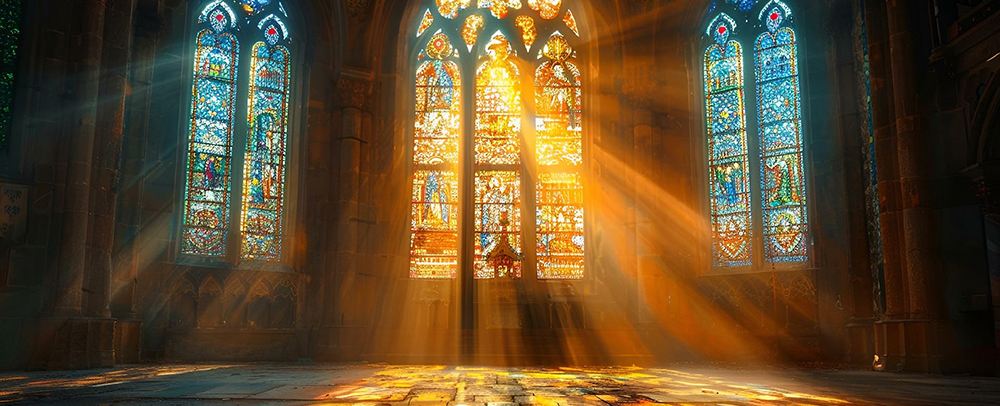 church with light through stained glass