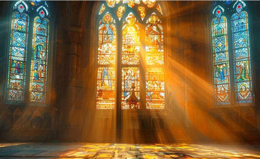 Sun shining through stained glass windows