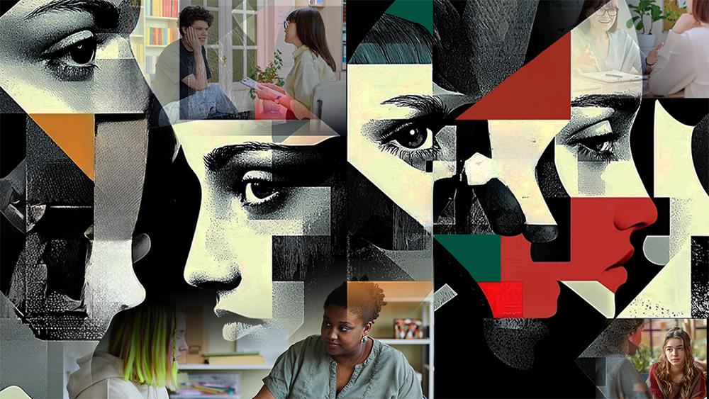 Colorful collage of faces, people and geometric shapes